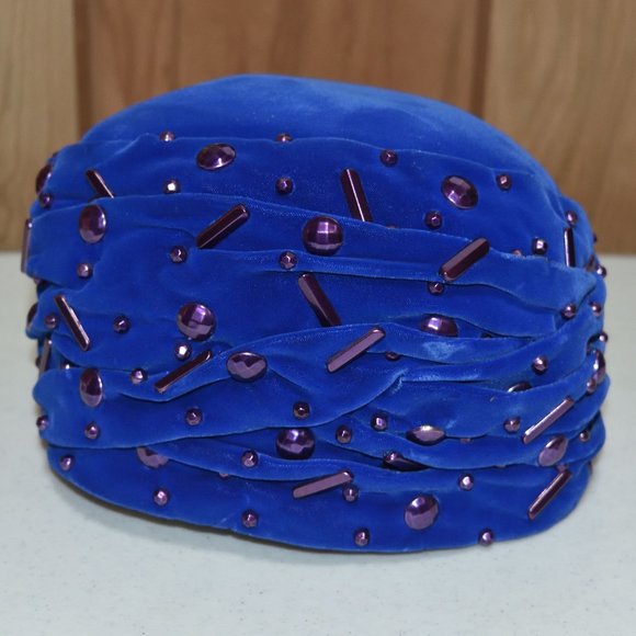 Vintage Blue Claude Saint-Cyr Reproduction Pillbox Hat Purple Accents Turban - Picture 5 of 13